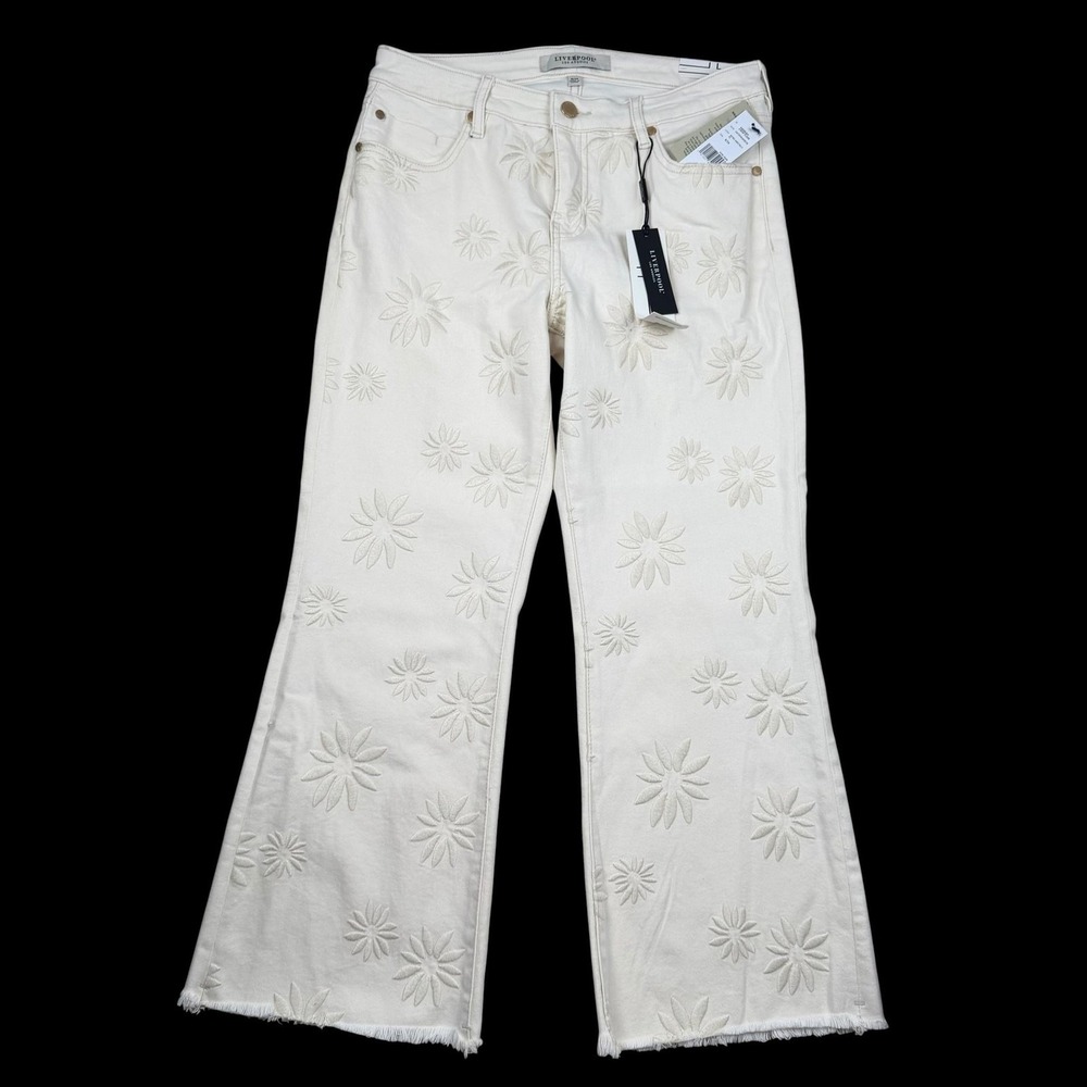 Liverpool Jeans Womens 8/29 Cream‎ Hannah Crop Flare Floral Embroidered Fringe